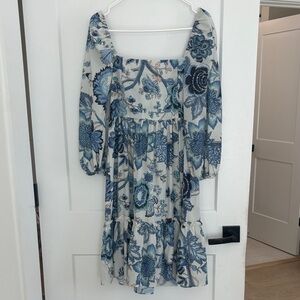 Blue Floral Square-Neck Tiered Dress